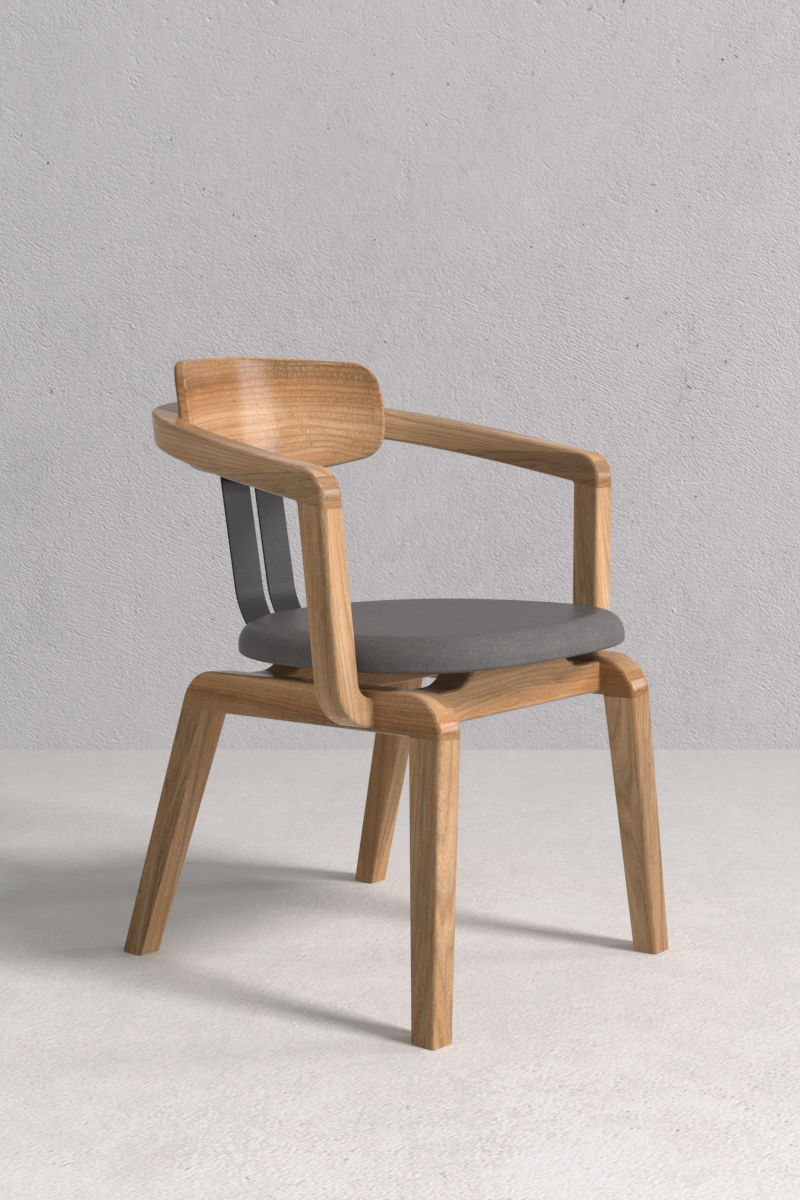 Baldwin Chair with solid oak frame, fabric upholstery, and metal accent, handcrafted by Monarca in Colombia — dining or hospitality chair.