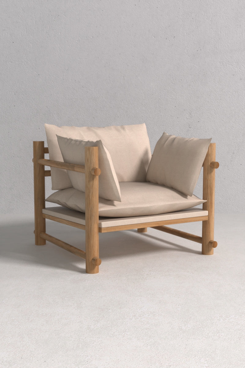 Meiji Armchair with minimalist oak frame and plush fabric upholstery, handcrafted by Monarca in Colombia — timeless accent armchair.