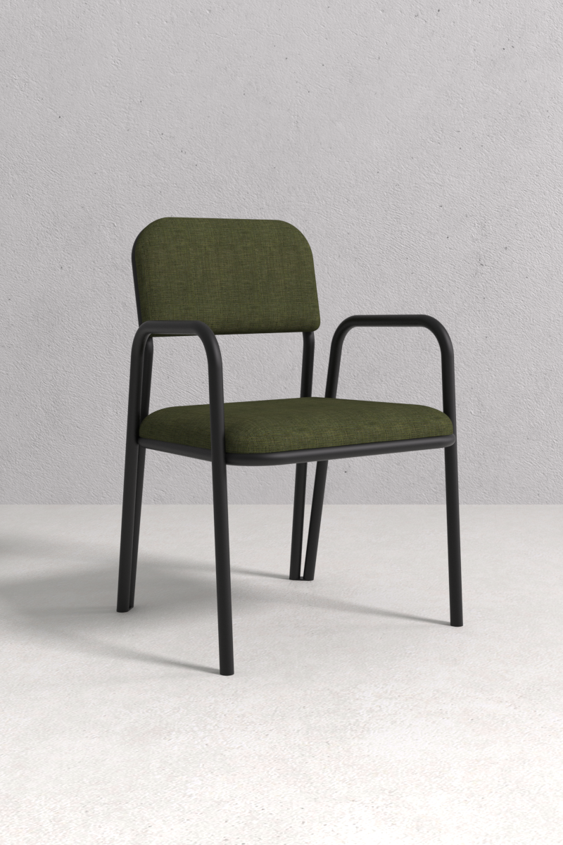 Arthur Chair with metal frame and cushioned fabric seat and backrest, handcrafted by Monarca in Colombia.