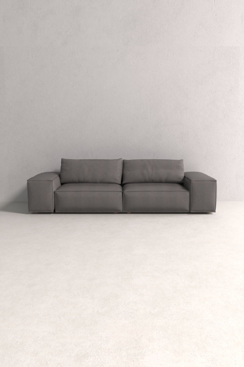 Leonidas Sofa with deep seat and premium fabric upholstery, handcrafted by Monarca in Colombia.