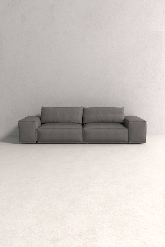 Leonidas Sofa with deep seat and premium fabric upholstery, handcrafted by Monarca in Colombia.