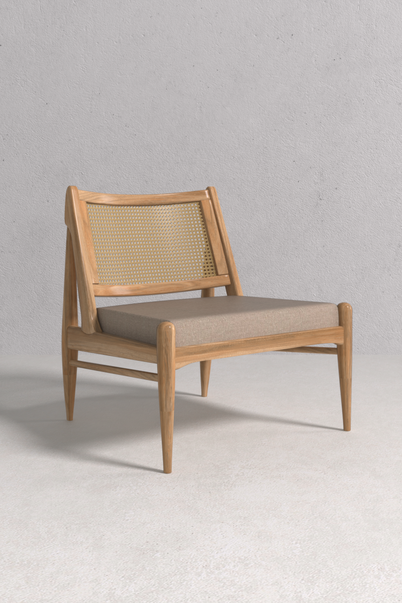 Louis Armchair with Colombian oak frame, artisanal cane weaving, and fabric upholstery, handcrafted by Monarca.