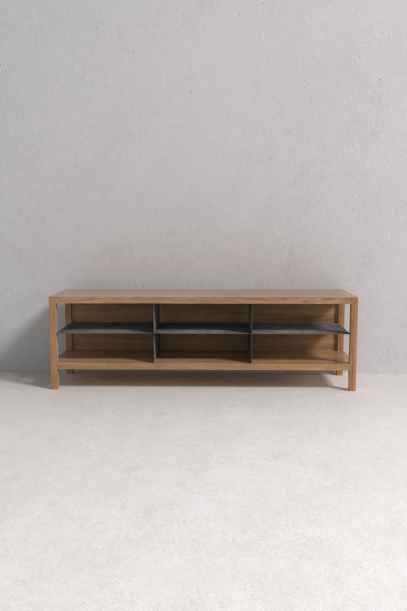 Otto Console Table with oak wood frame and slim metal shelves, handcrafted by Monarca in Colombia — modern industrial console table.