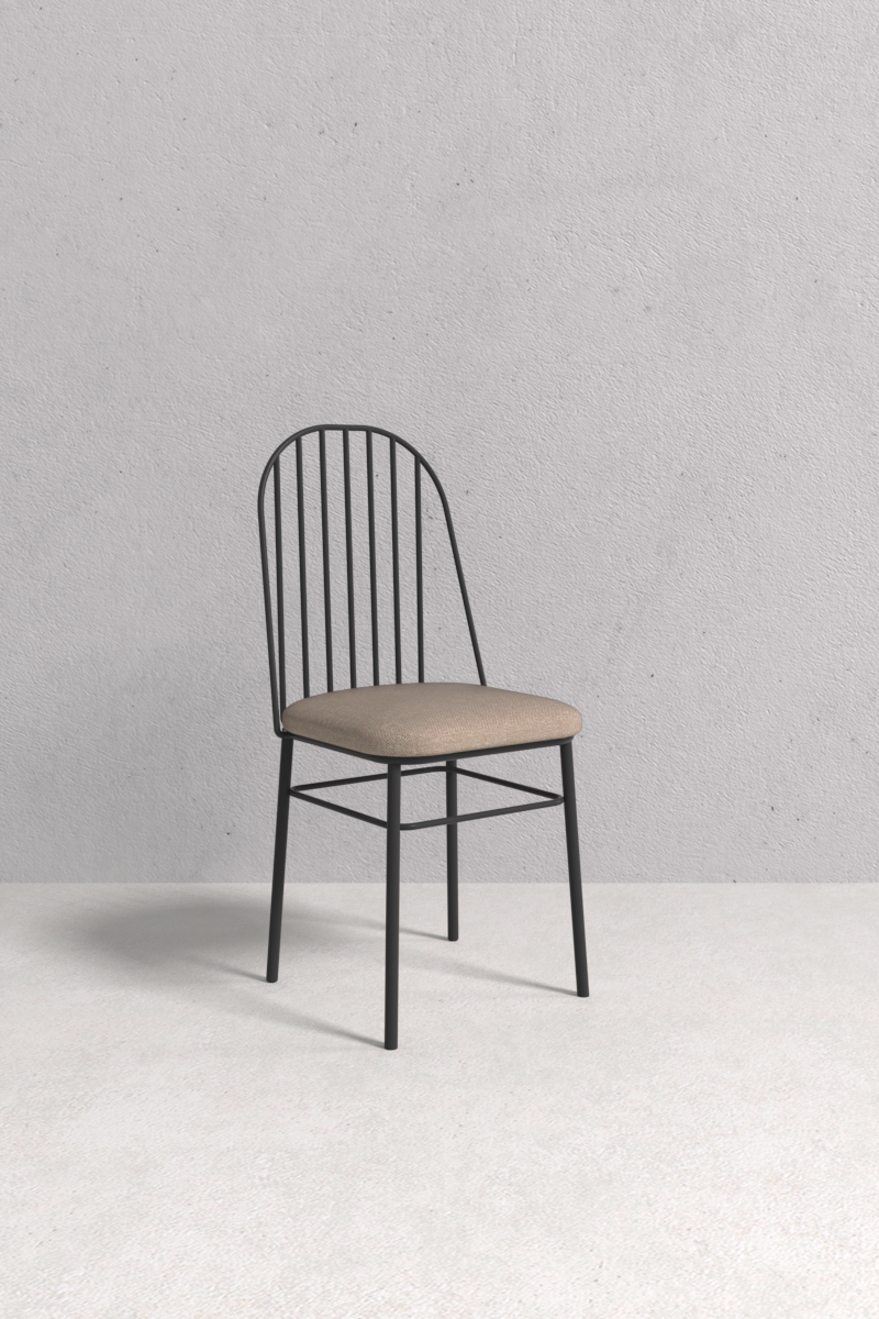 Trajan Chair V1 with sleek metal frame and cushioned fabric seat, handcrafted by Monarca in Colombia — dining, office, or co-working chair.